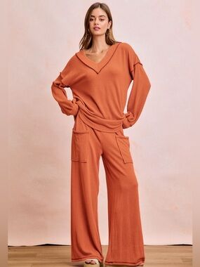 NWT Bibi Sienna Orange Ribbed Lounge Matching Set Wide Leg Pants Cozy Size Small